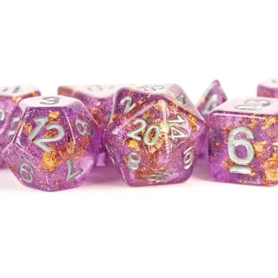 Purple with Gold Foil 16mm Resin Polyhedral Set for tabletop RPG