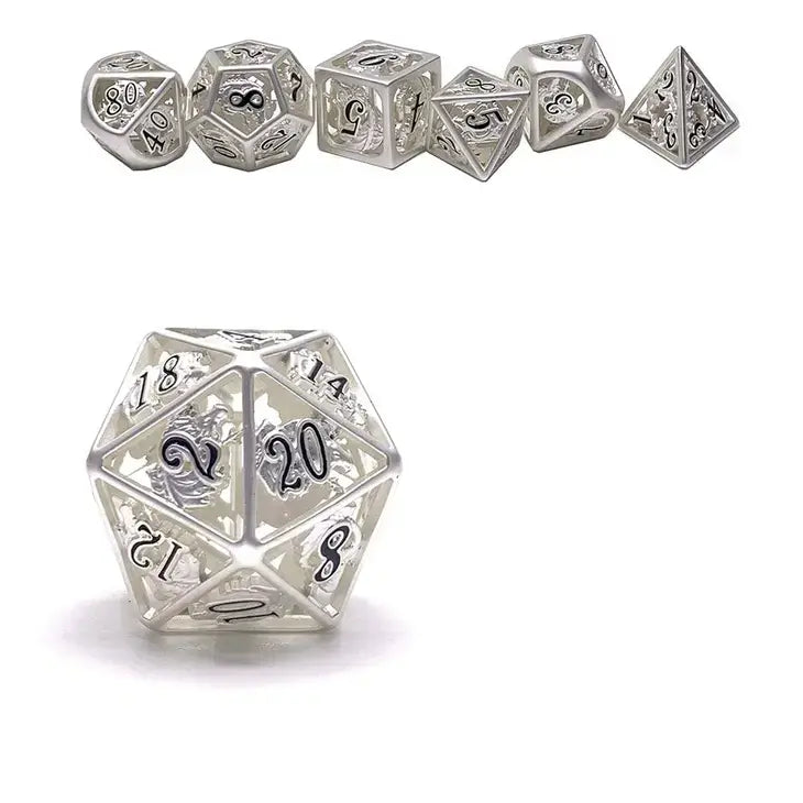 Shiny Silver With Black Enamel Hollow Metal Dragon Polyhedral Dice Set For Tabletop RPG