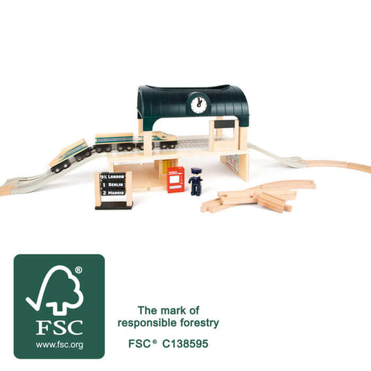 Wooden Train Station with Accessories Playset