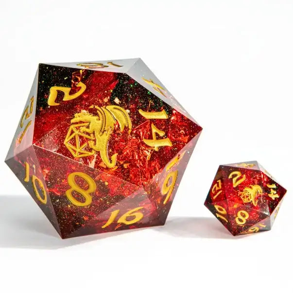 Sharp Edged Resin 55mm D20 - Red w/ Gold Ink For Tabletop RPG