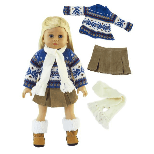 Blue Knit Sweater Skirt Set with Scarf for 18" Doll