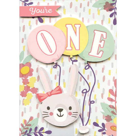 Bunny and Balloons 1st Birthday Card