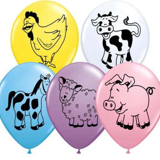 11" Farm Animal Latex Balloon Yellow Chicken, White Cow, Blue Horse, Purple Pony, and Pink Pig