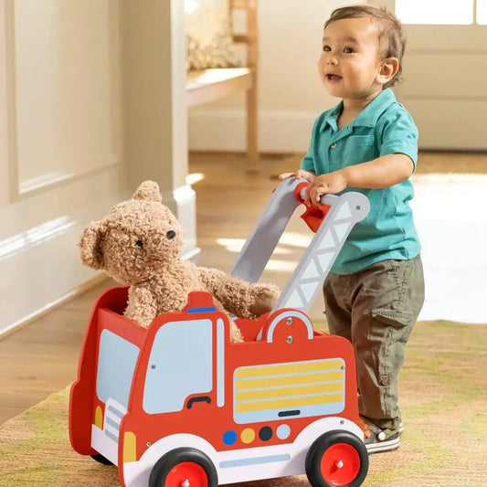 Wooden Fire Truck Walker and Push Toy For Toddlers
