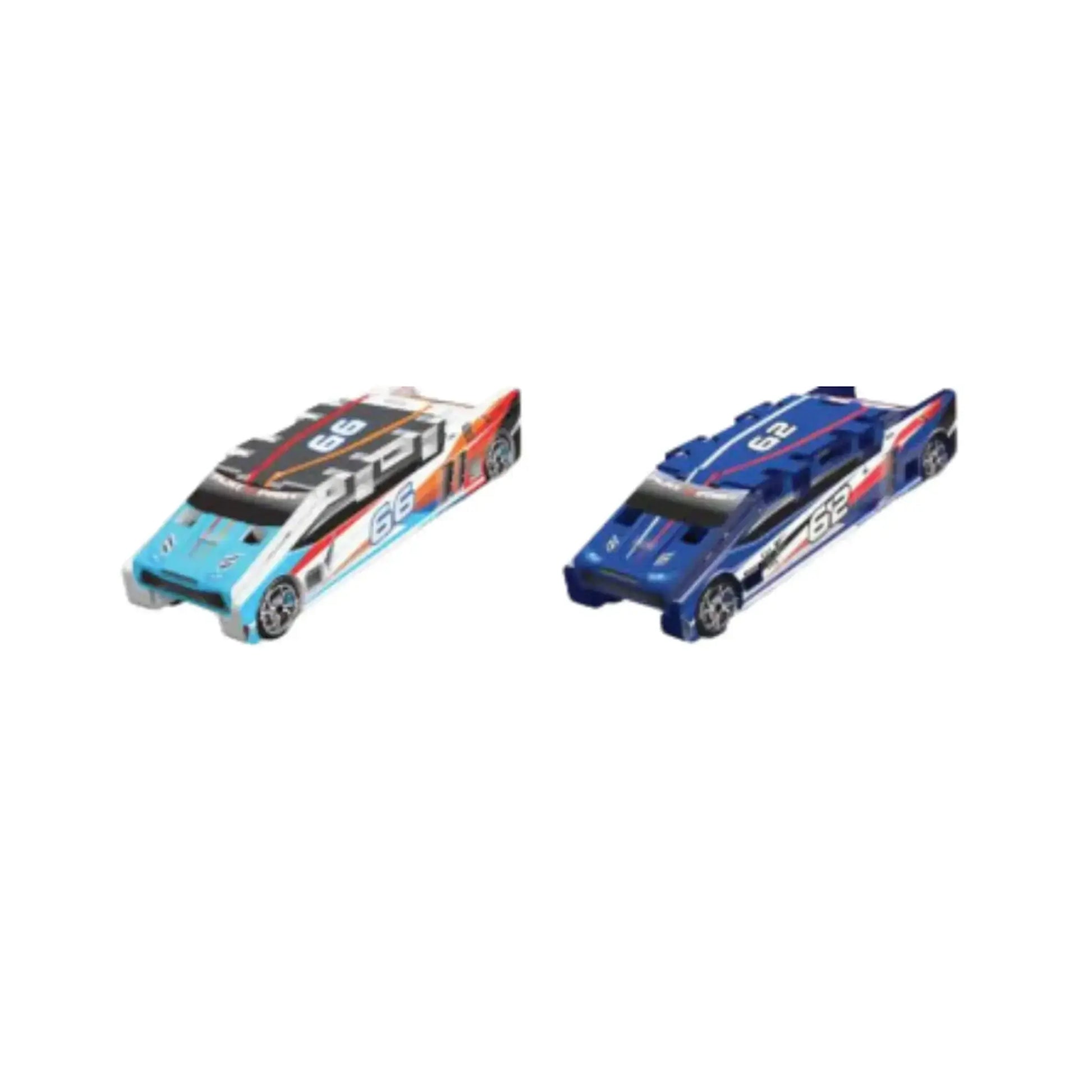 a blue flat 2 fast racer next to a white flat 2 fast racer car