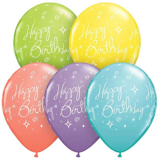11" Happy Birthday Sorbet Latex Balloon, Green, Yellow, Coral, Purple, and Blue