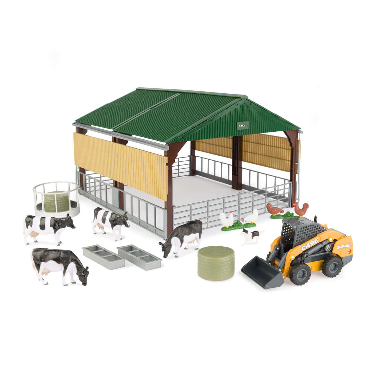 1:32 Livestock Building with Case Skid Loader and Accessories