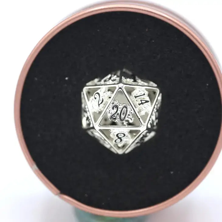 Single Hollow Metal Dragon Polyhedral d20 Dice - Shiny Silver With Black Enamel For Tabletop RPG