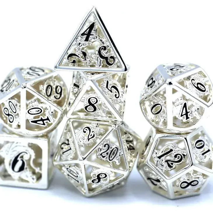 Shiny Silver With Black Enamel Hollow Metal Dragon Polyhedral Dice Set For Tabletop RPG