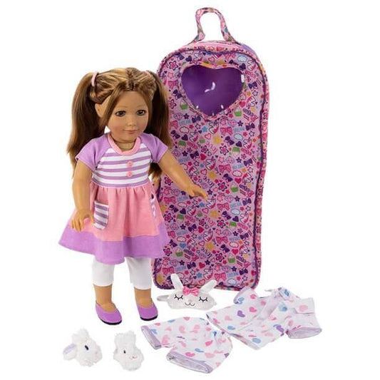 Allie - Brown Haired white Doll 18in Doll with Carrying Case, Doll Outfit, and Pajamas
