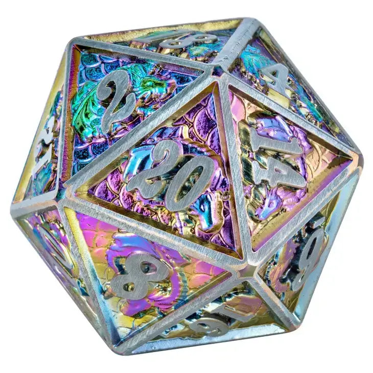 Brushed Rainbow Single Solid Metal Dragon D20 For Tabletop RPG