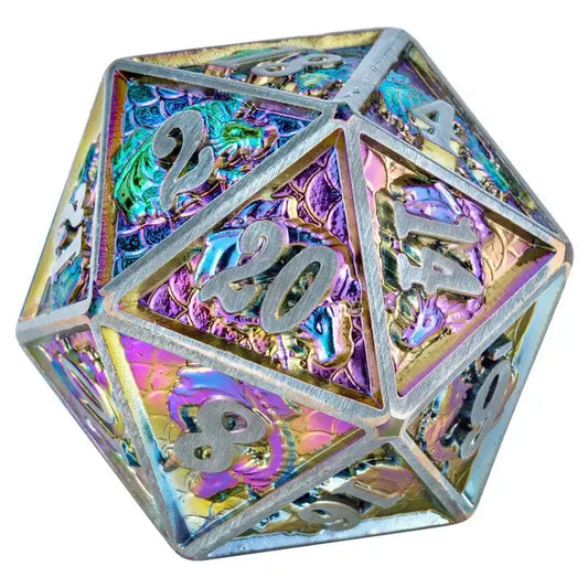 Brushed Rainbow Single Solid Metal Dragon D20 For Tabletop RPG