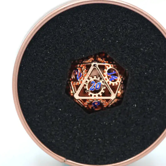 Single Hollow Metal Gears of Providence Polyhedral d20 Dice - Copper with Blue Enamel For Tabletop RPG
